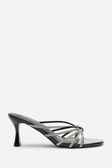 Pyris Silver Diamante Multi Strap Knot Mules In Black Patent
