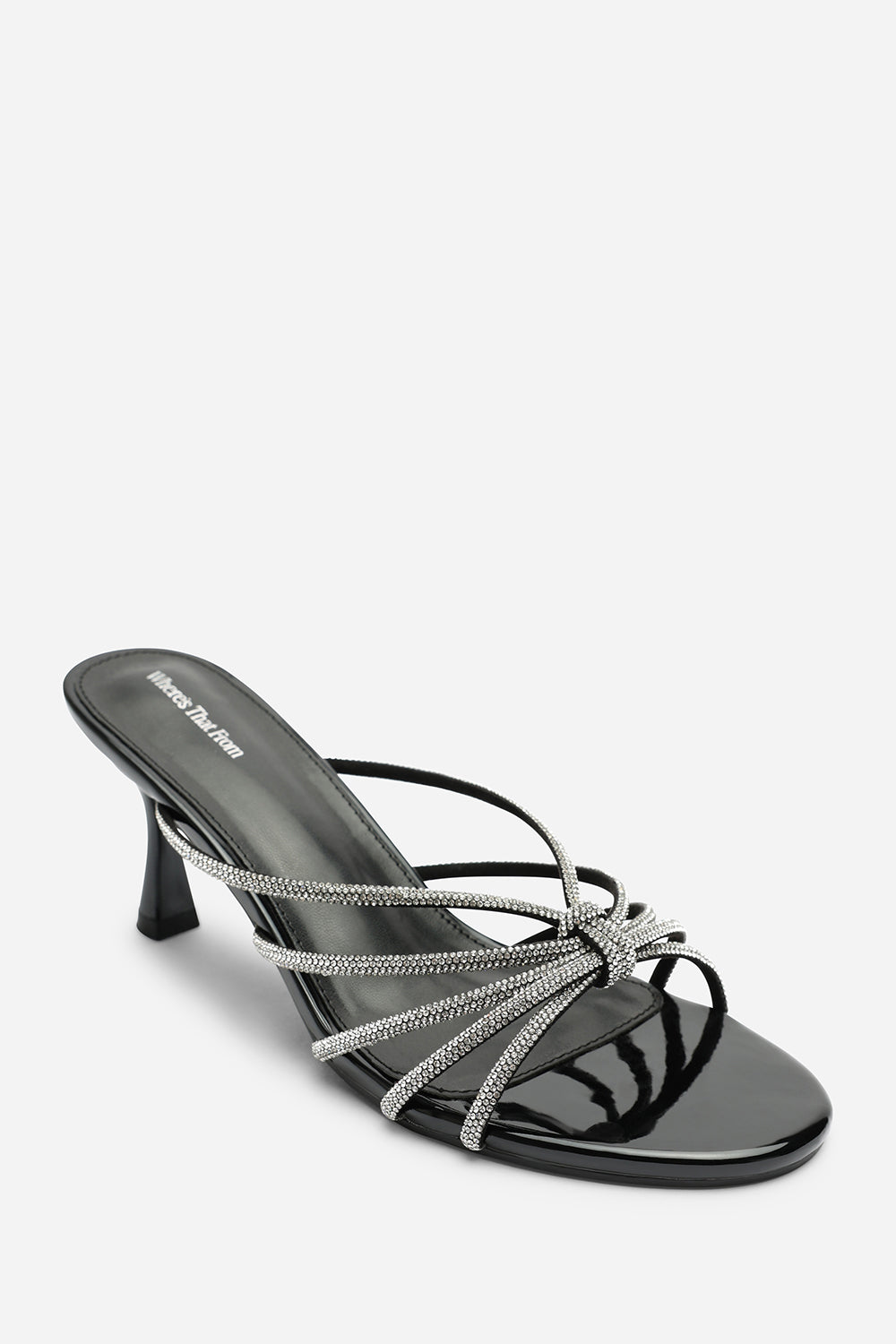 Pyris Wide Fit Silver Diamante Multi Strap Knot Mules In Black Patent