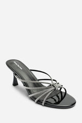 Pyris Wide Fit Silver Diamante Multi Strap Knot Mules In Black Patent
