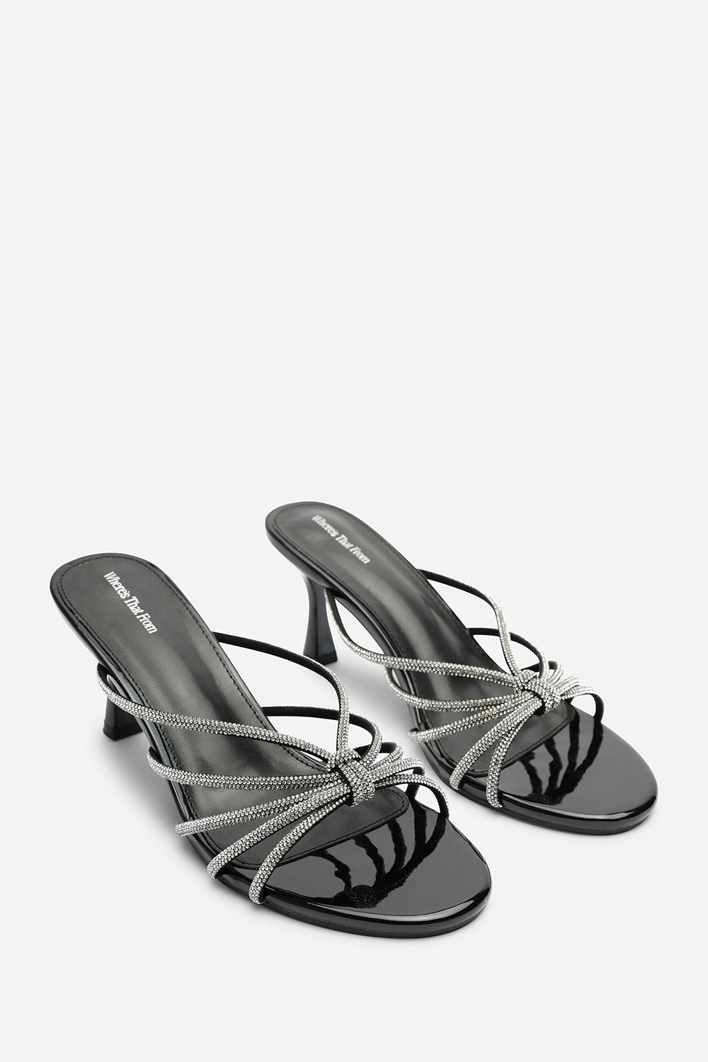 Pyris Wide Fit Silver Diamante Multi Strap Knot Mules In Black Patent