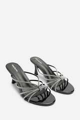 Pyris Silver Diamante Multi Strap Knot Mules In Black Patent