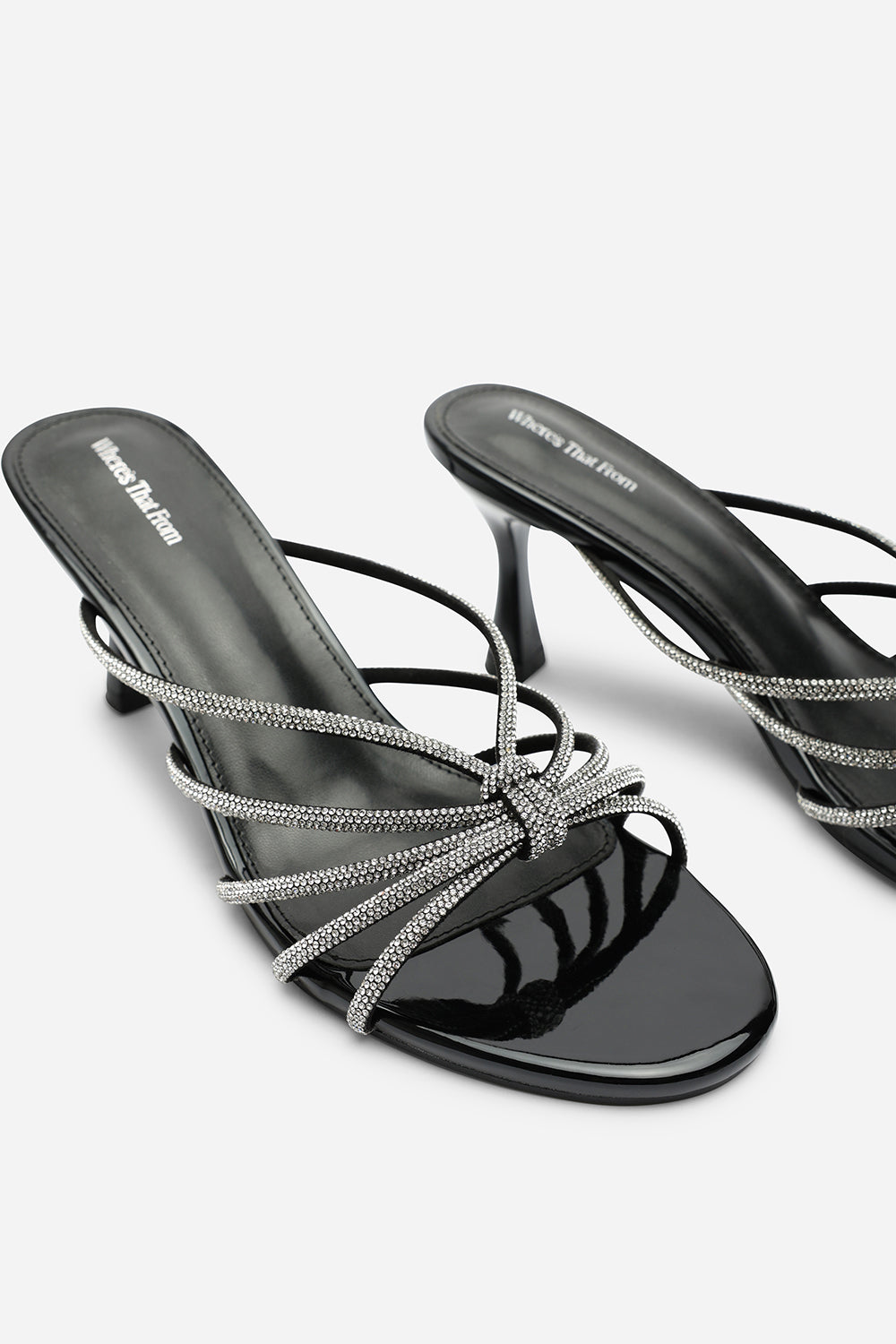 Pyris Silver Diamante Multi Strap Knot Mules In Black Patent