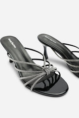 Pyris Wide Fit Silver Diamante Multi Strap Knot Mules In Black Patent