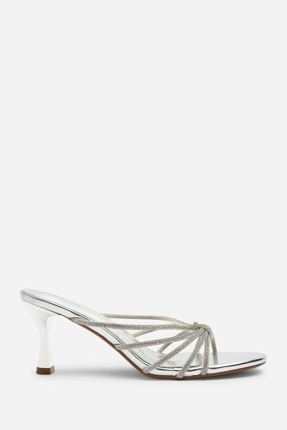 Pyris Diamante Multi Strap Knot Mules In Silver Metallic