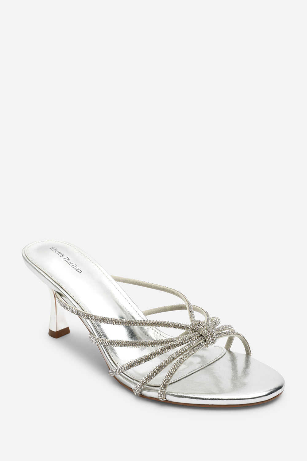 Pyris Wide Fit Diamante Multi Strap Knot Mules In Silver Metallic