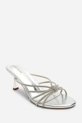 Pyris Diamante Multi Strap Knot Mules In Silver Metallic