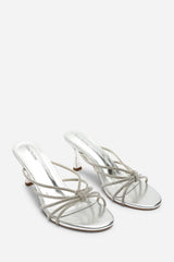 Pyris Wide Fit Diamante Multi Strap Knot Mules In Silver Metallic