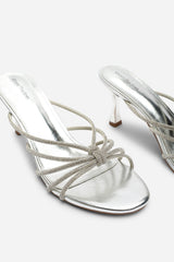 Pyris Wide Fit Diamante Multi Strap Knot Mules In Silver Metallic