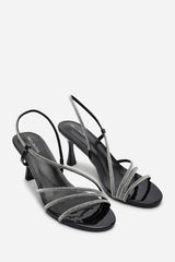 Gloria Diamante Strappy Low Heeled Black Patent Sandals