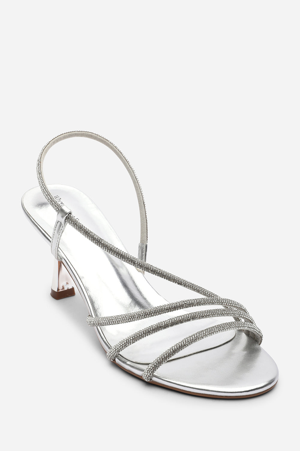 Gloria Diamante Strappy Low Heeled Silver Metallic Sandals