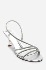 Gloria Diamante Strappy Low Heeled Silver Metallic Sandals