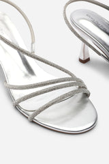 Gloria Diamante Strappy Low Heeled Silver Metallic Sandals