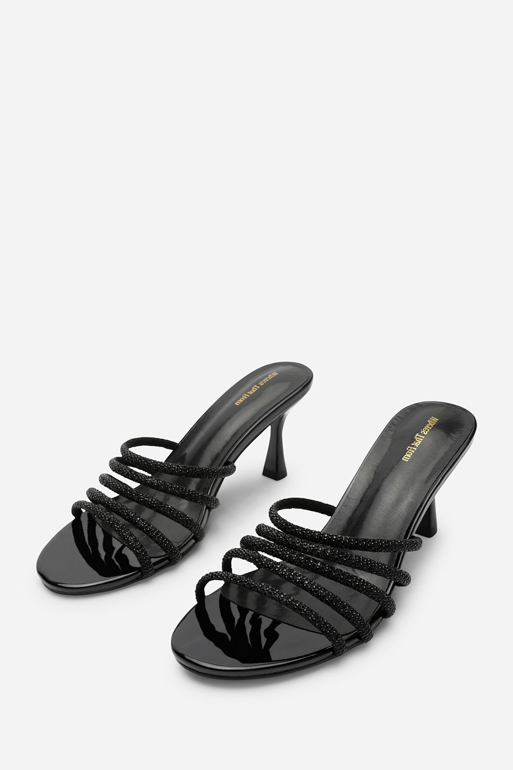 Viola Black Embellished Multi Strap Kitten Heel Mules