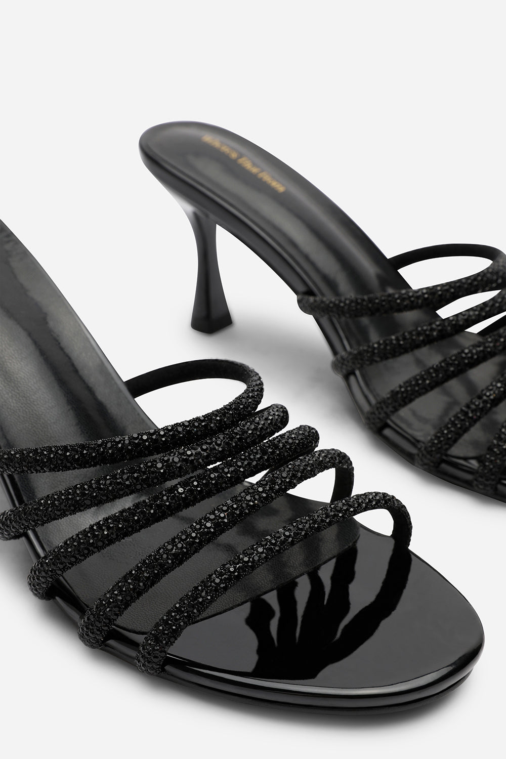 Viola Black Embellished Multi Strap Kitten Heel Mules