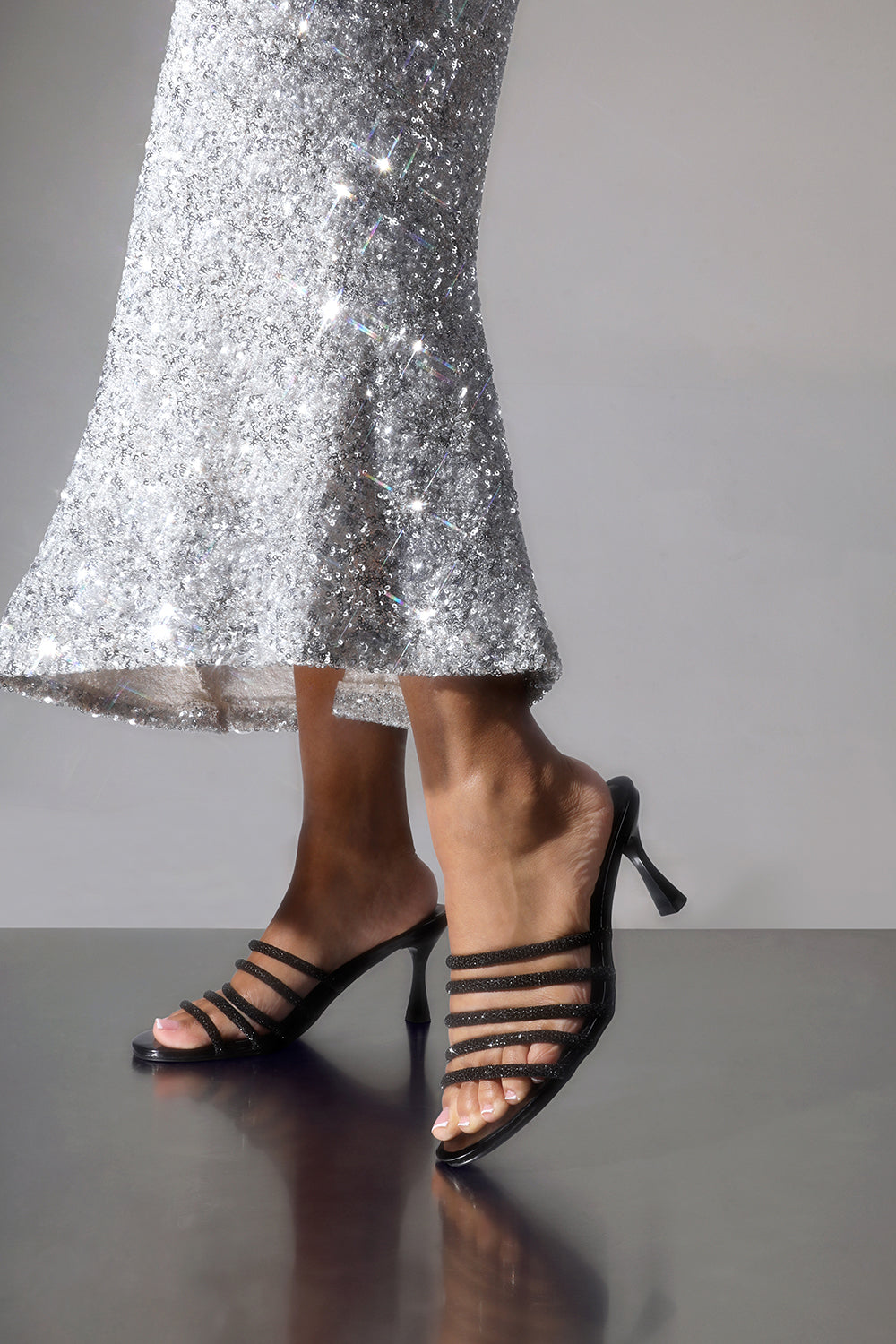 Viola Black Embellished Multi Strap Kitten Heel Mules