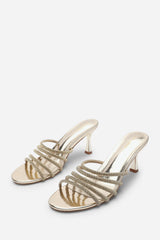 Viola Gold Embellished Multi Strap Kitten Heel Mules