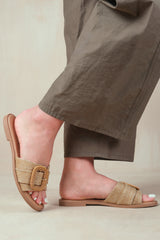 NOON SLIP ON FLATS WITH RAFFIA DETAILING IN NATURAL FAUX LEATHER