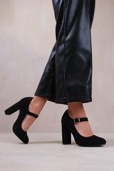 MICHELLE BLOCK HIGH HEEL PUMP WITH FRONT BUCKLE STRAP IN BLACK SUEDE