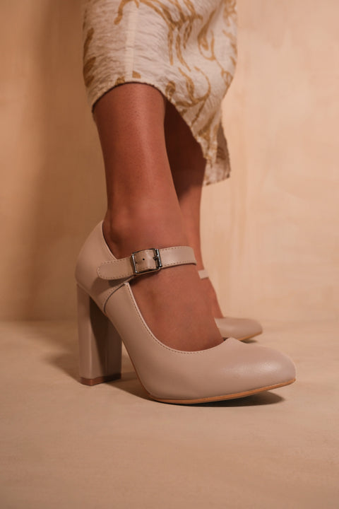 MICHELLE BLOCK HIGH HEEL PUMP WITH FRONT BUCKLE STRAP IN NUDE FAUX LEATHER