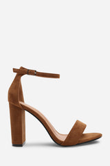 Skye Strappy Block Heels With Buckle In Cognac Suede