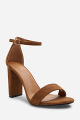 Skye Strappy Block Heels With Buckle In Cognac Suede
