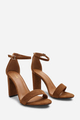 Skye Strappy Block Heels With Buckle In Cognac Suede