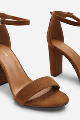 Skye Strappy Block Heels With Buckle In Cognac Suede