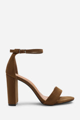 Skye Strappy Block Heels With Buckle In Khaki Suede