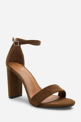 Skye Strappy Block Heels With Buckle In Khaki Suede
