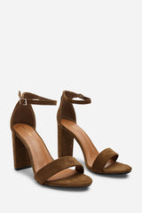 Skye Strappy Block Heels With Buckle In Khaki Suede