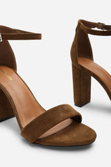 Skye Strappy Block Heels With Buckle In Khaki Suede