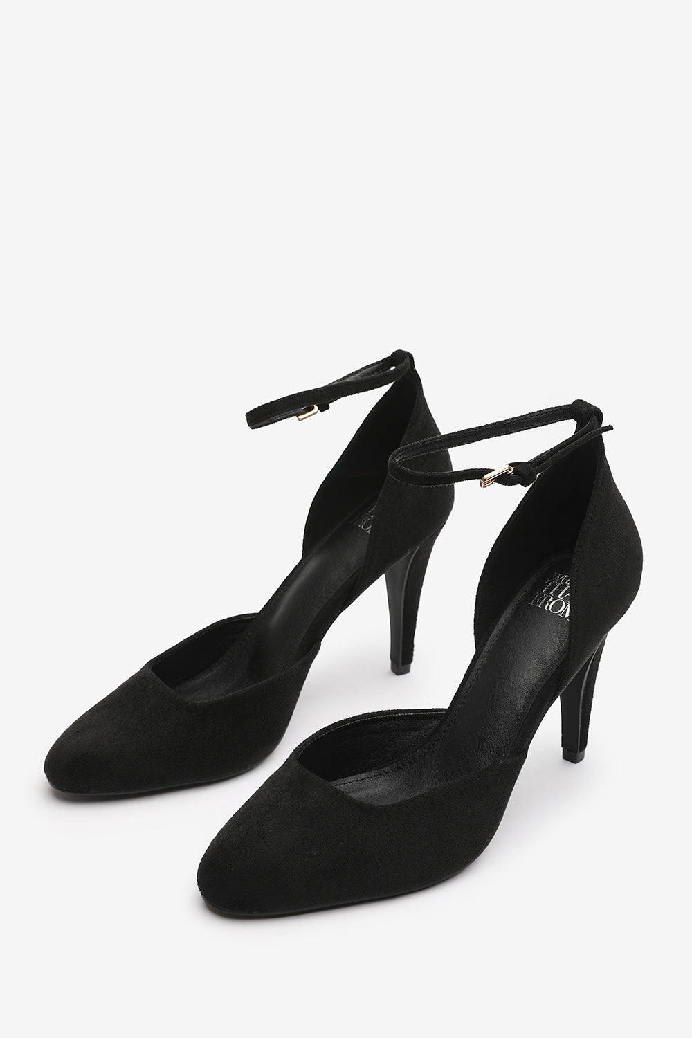 Piper Pointed Toe Heels With Ankle Strap In Black Suede