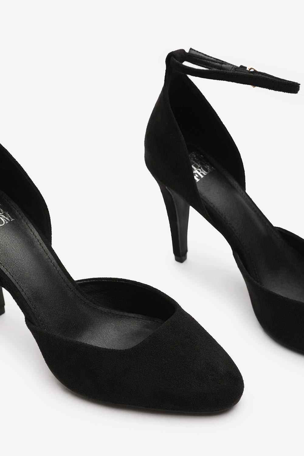 Piper Pointed Toe Heels With Ankle Strap In Black Suede