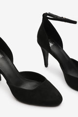 Piper Wide Fit Pointed Toe Heels With Ankle Strap In Black Suede