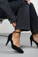 Piper Pointed Toe Heels With Ankle Strap In Black Suede