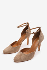 Piper Pointed Toe Heels with Ankle Strap in Camel Suede