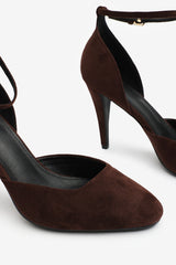Piper Pointed Toe Heels With Ankle Strap In Dark Brown Suede