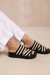 CROATIA FLATFORM STRIPED CROSS OVER CROCHET STRAP SANDALS IN BLACK