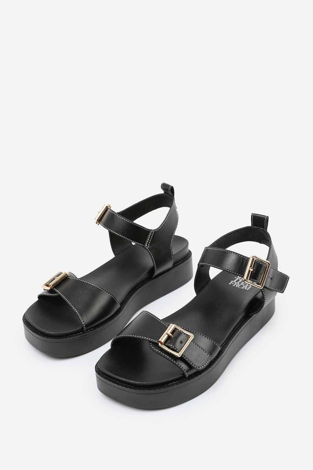 ISABEL DOUBLE BUCKLE STRAP PLATFORM SANDALS IN BLACK FAUX LEATHER