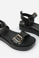 Elvora Black Double Buckle Platform Sandals With Stitching Detail