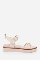 Elvora Cream Double Buckle Flatform Sandals