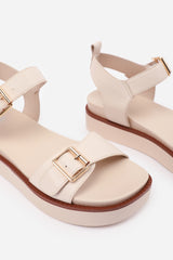 Elvora Cream Double Buckle Flatform Sandals
