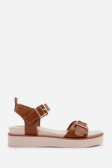 ISABEL WIDE FIT DOUBLE BUCKLE STRAP PLATFORM SANDALS IN TAN FAUX LEATHER