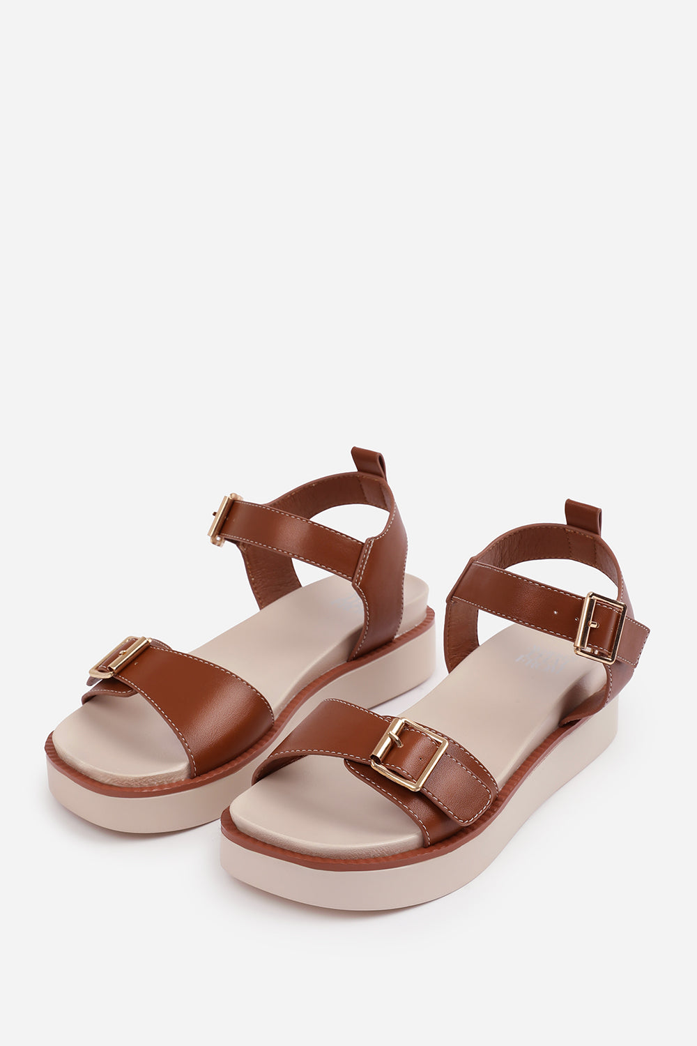 Elvora Tan Double Buckle Platform Sandals With Stitching Detail