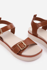 Elvora Tan Double Buckle Platform Sandals With Stitching Detail