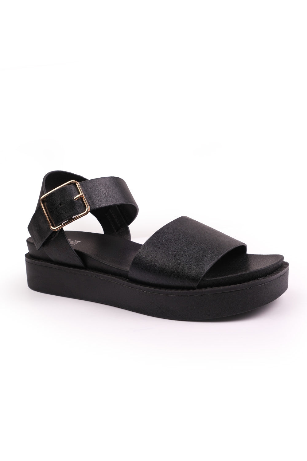 PHOENIX EXTRA WIDE FIT CLASSIC FLAT SANDALS WITH STRAP AND BUCKLE DETAIL IN BLACK FAUX LEATHER