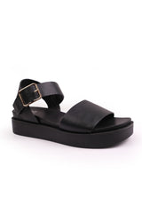 PHOENIX CLASSIC FLAT SANDALS WITH STRAP AND BUCKLE DETAIL IN BLACK FAUX LEATHER