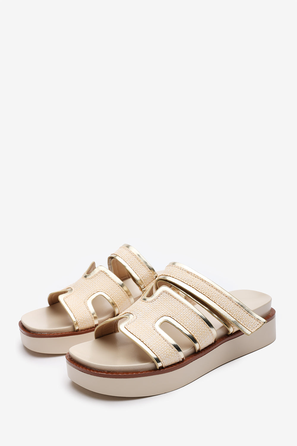 Osana Slider Flatform Sandals With Cutout Straps In Biege