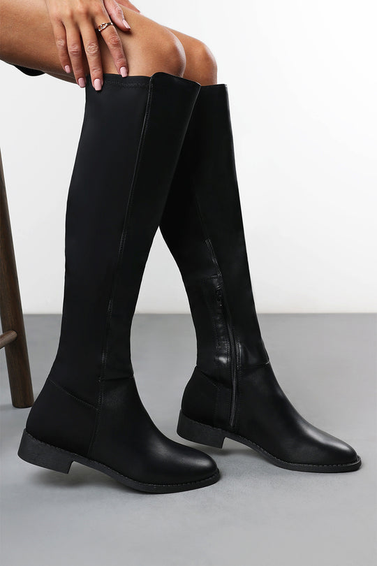 Katie Black Faux Leather Stretch Over Knee Flat Riding Boots