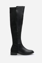 Katie Black Faux Leather Stretch Over Knee Flat Riding Boots